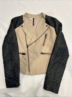 W118 by Walter Baker Beige Body with Black Quilted Sleeve Vegan Leather Jacket